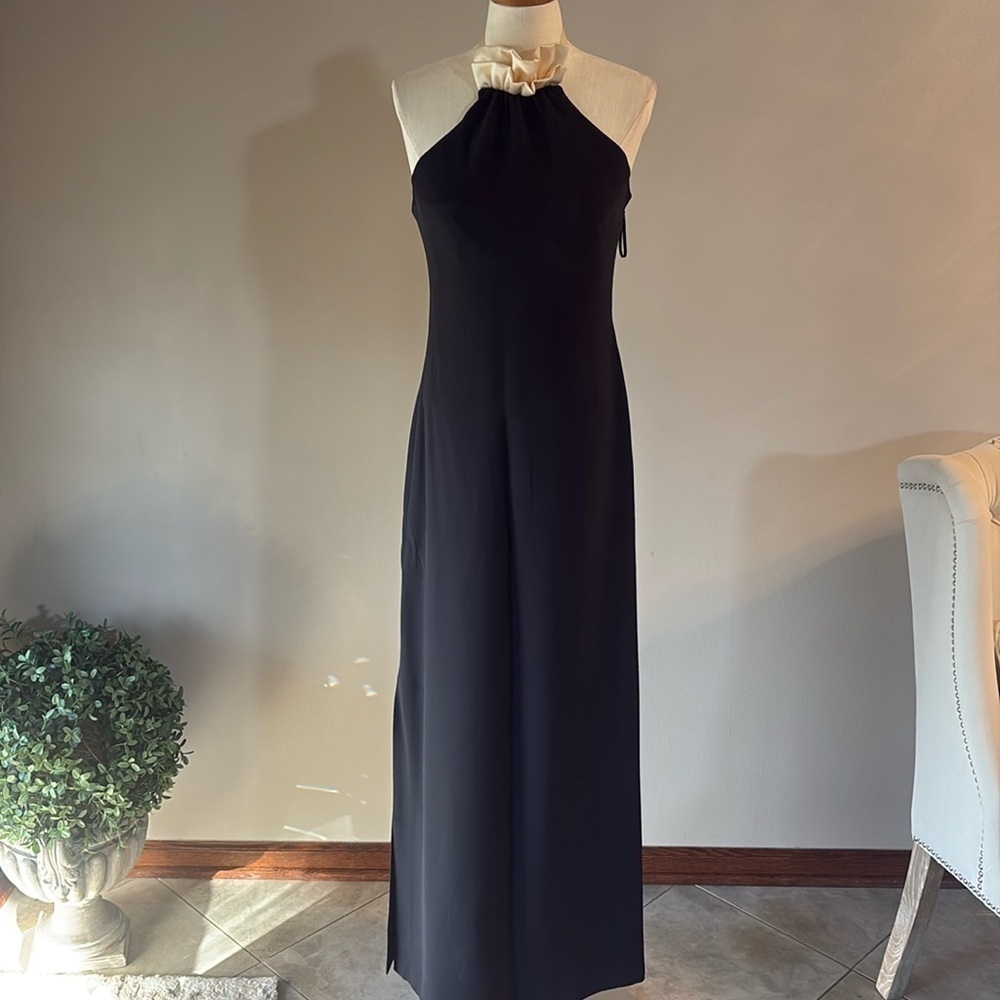 Evening formal long halter dress black open back crape lined mock satin ruffle 4